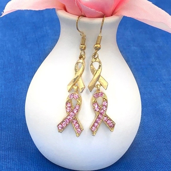 🌼 Pink Ribbon Breast Cancer Dangle Earrings - Picture 1 of 2